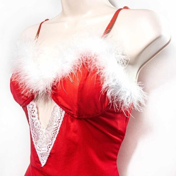 SHEIN Christmas Feather Trim Cut-Out Teddy Sz M Lingerie - Picture 4 of 8
